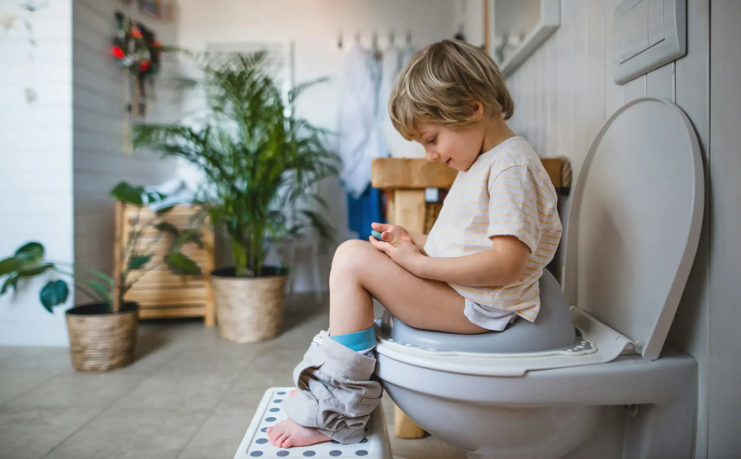 Toddler sitting on the toilet, taking early steps in potty training special needs. Toddler sitting on the toilet, taking early steps in potty training special needs.