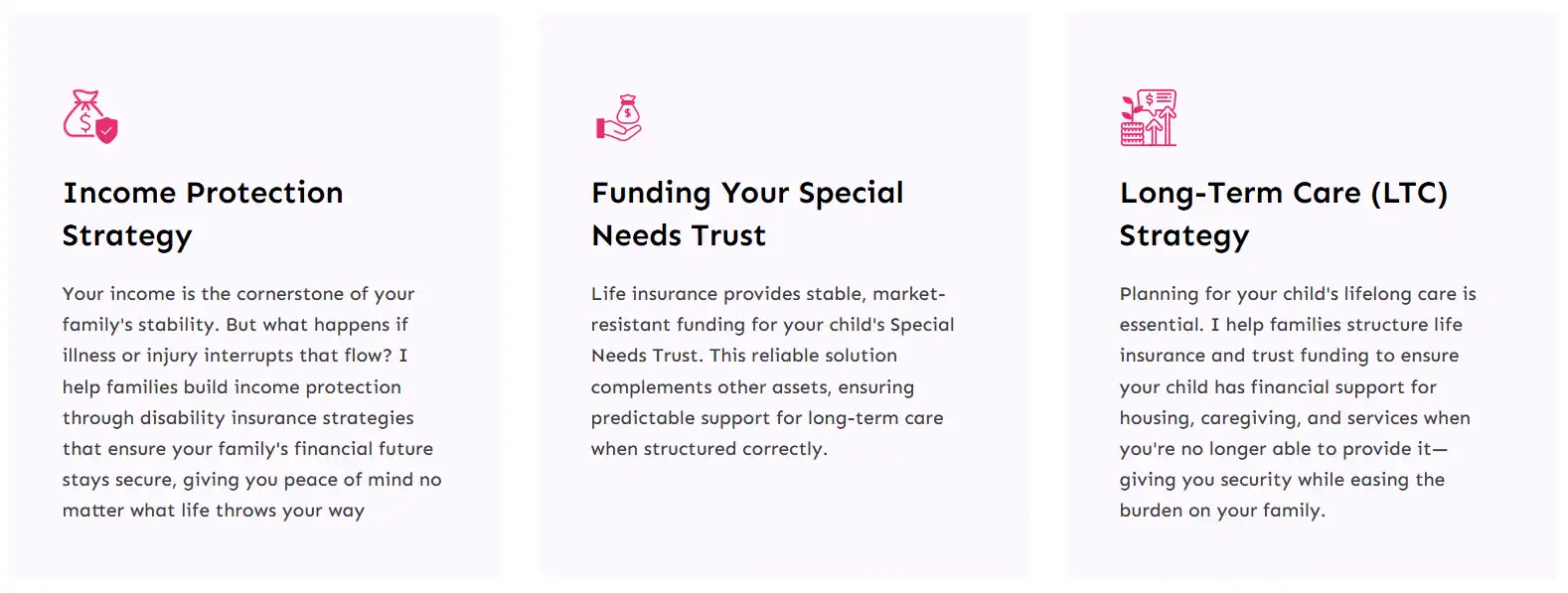 Graphic cards illustrating income protection, trust funding, and long-term care tied to life insurance for special needs child