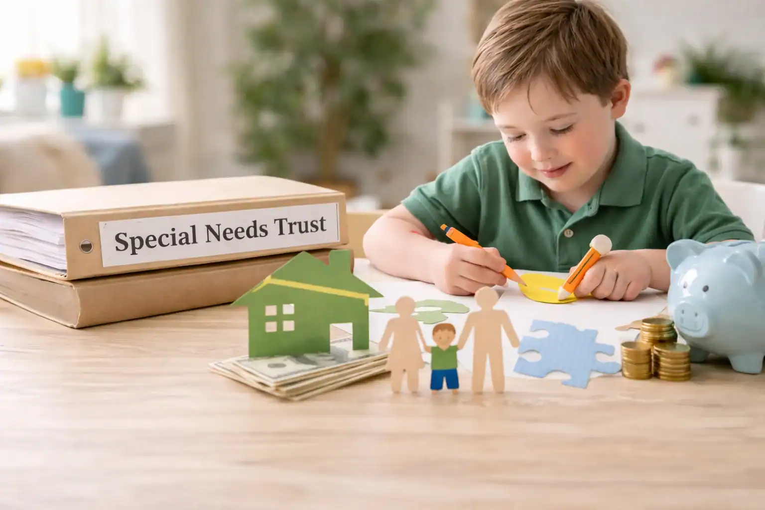 Photo of child drawing at table beside financial planning items related to life insurance for special needs child