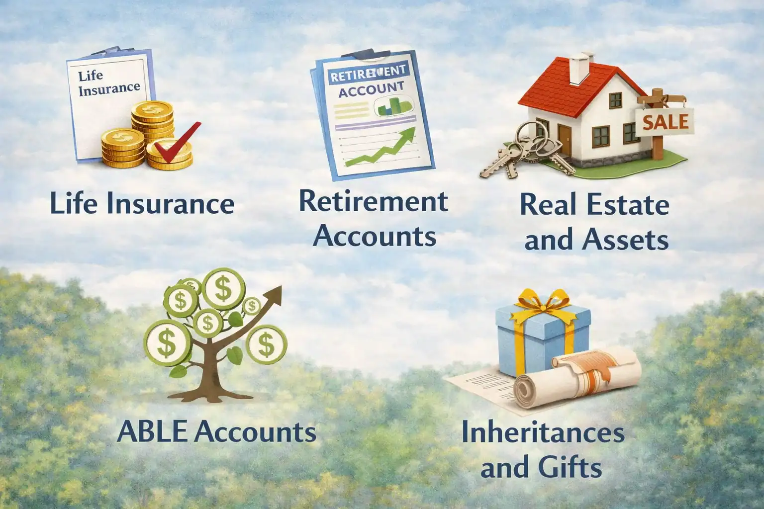 Visual overview showing how to fund a special needs trust using multiple asset strategies