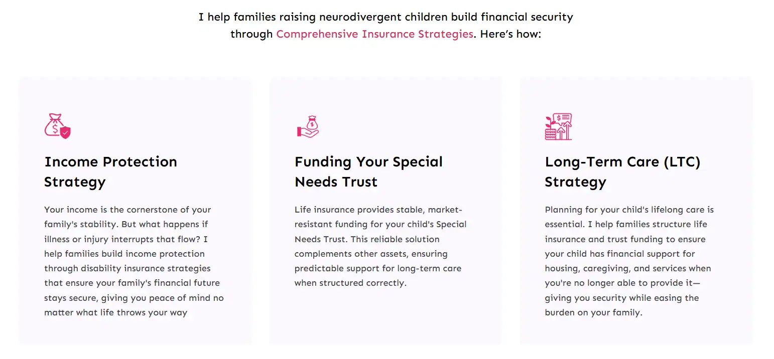 graphic of services offered by The Autism Voyage including life insurance planning