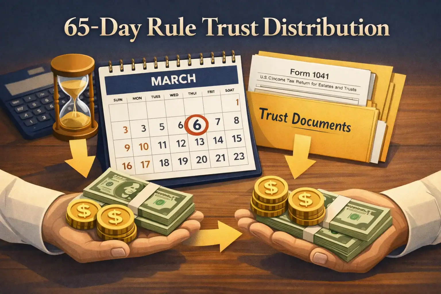 Illustration of funds moving between hands explaining the 65-day rule trust distribution tax strategy Illustration of funds moving between hands explaining the 65-day rule trust distribution tax strategy