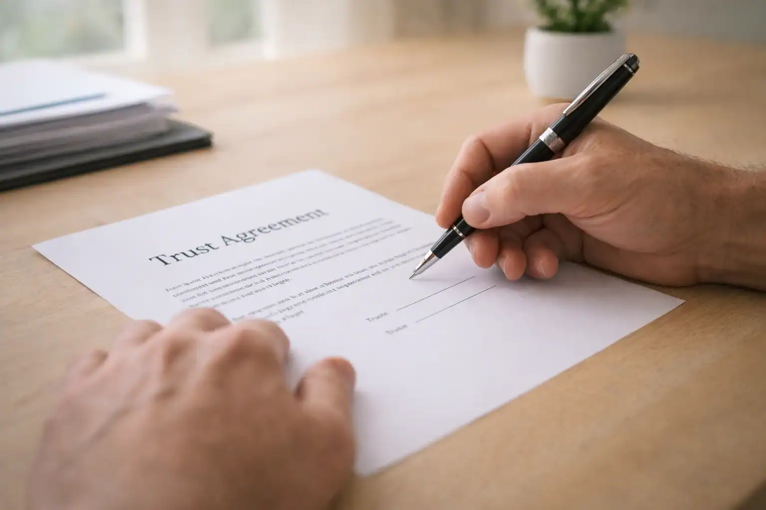 Image of hands signing a trust agreement document to change a trustee on a special needs trust