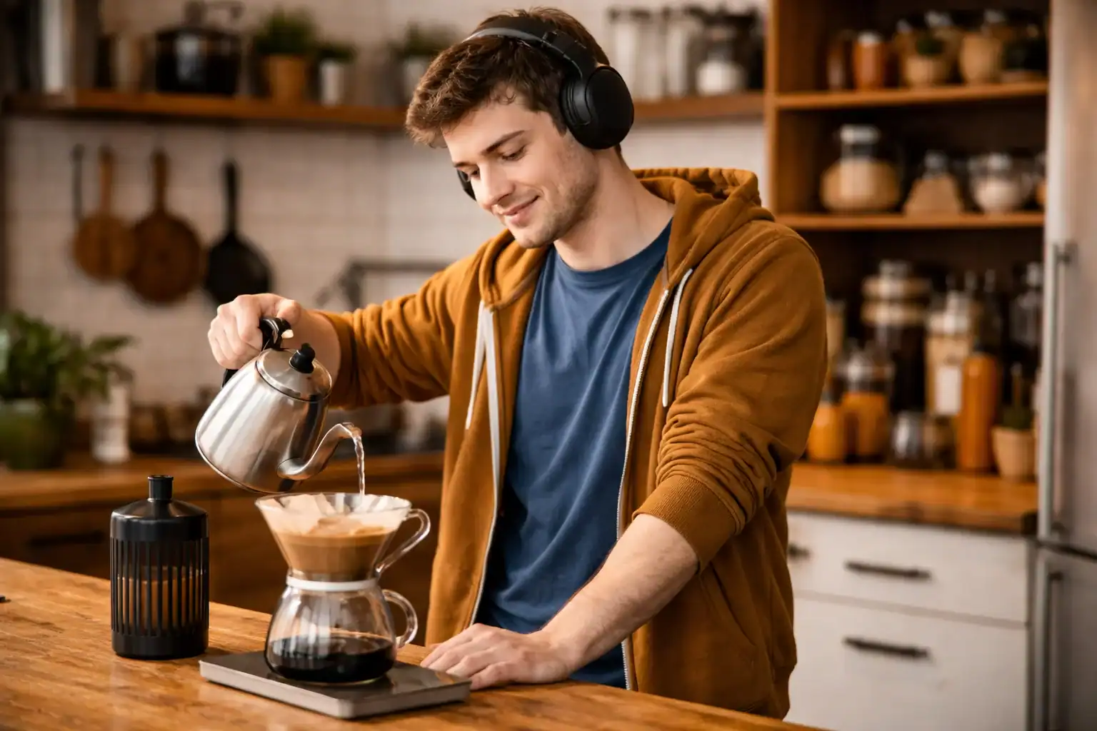 Photo of a young man wearing headphones making pour-over coffee in a cozy kitchen Photo of a young man wearing headphones making pour-over coffee in a cozy kitchen