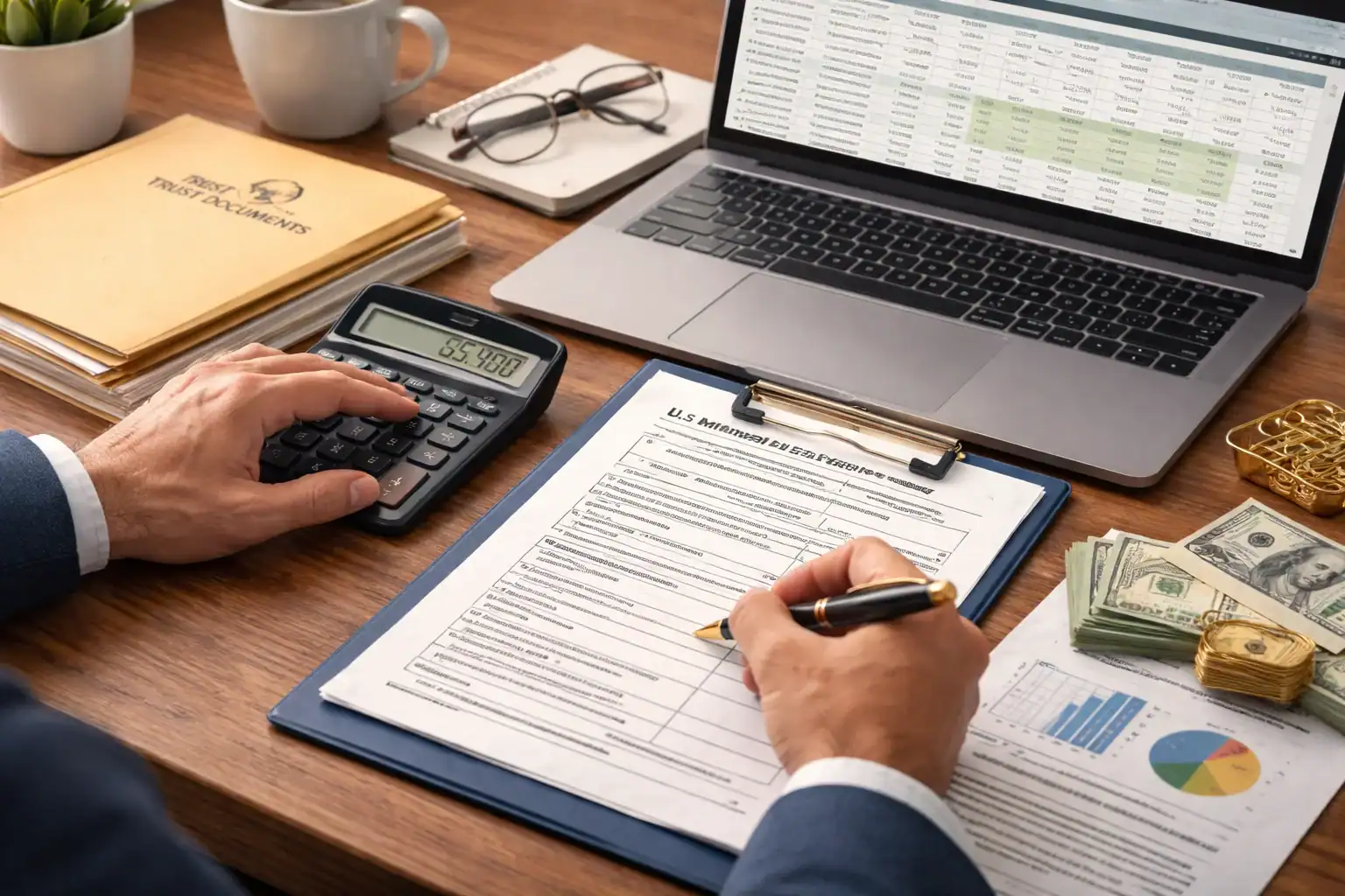 Photo of advisor calculating taxes at desk during planning for a 65-day rule trust distribution Photo of advisor calculating taxes at desk during planning for a 65-day rule trust distribution