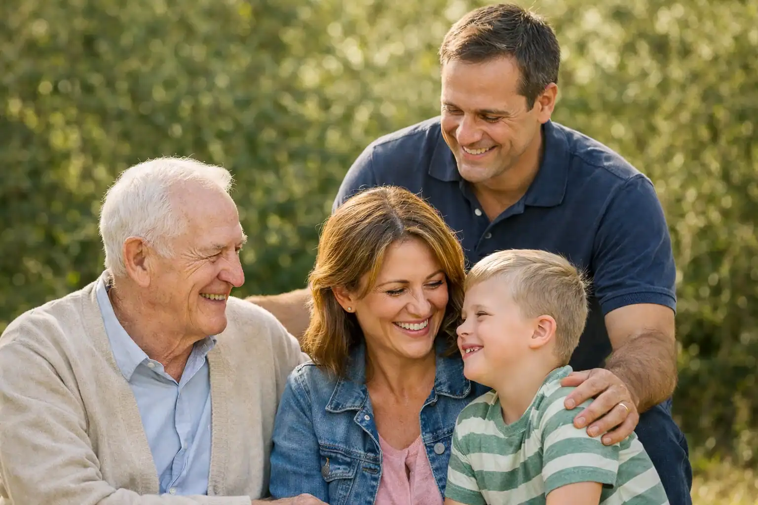 Photo of multi-generational family smiling together outdoors in warm sunlight Photo of multi-generational family smiling together outdoors in warm sunlight