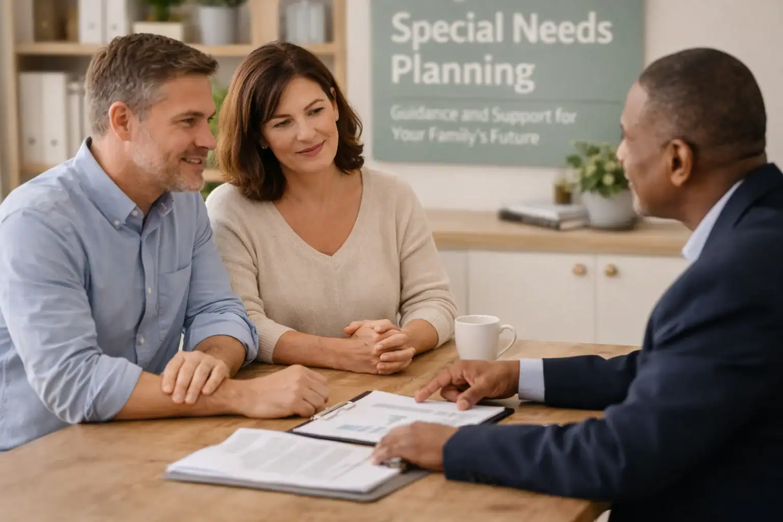 Photo of parents meeting a financial advisor to discuss a self-settled special needs trust