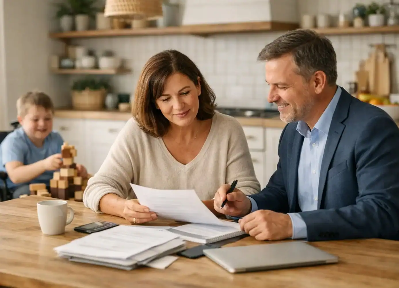 Photo of parents reviewing financial paperwork at home while planning a self-settled special needs trust
