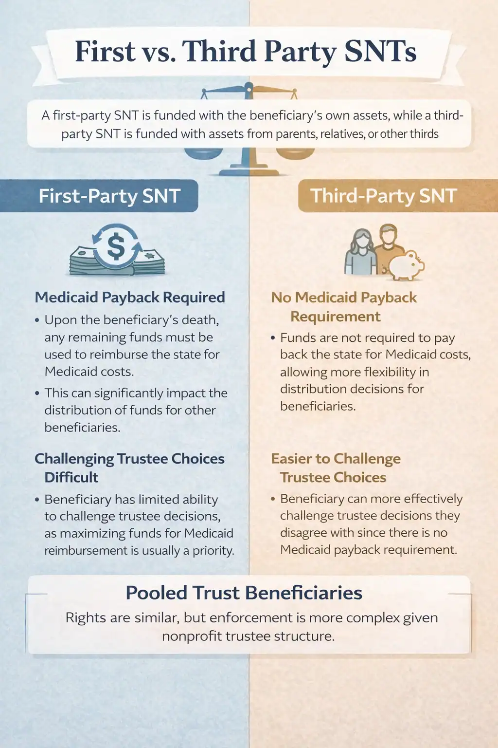 infographic of special needs trust beneficiary rights comparison between first party and third party SNTs